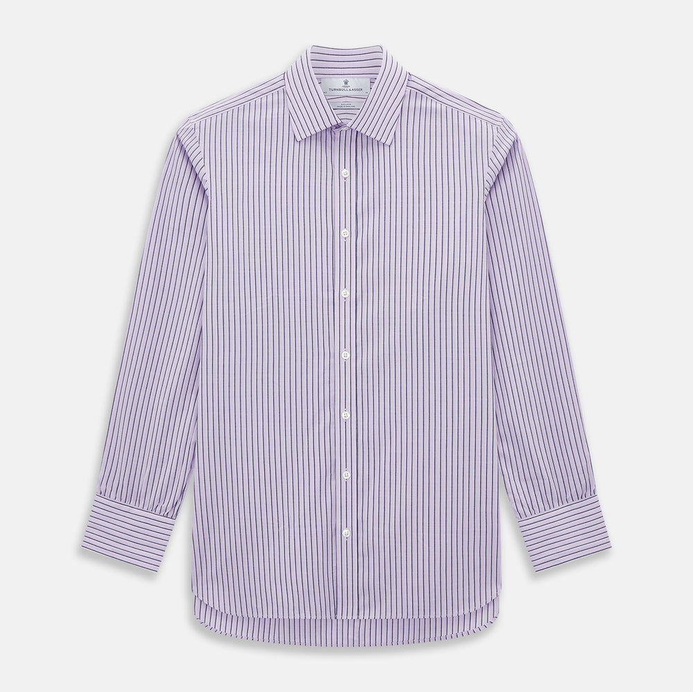 The Turnbull & Asser Lilac Ticking Stripe Mayfair Shirt in Italian cotton features long sleeves, a classic collar and cuffs, and is shown on a white background.