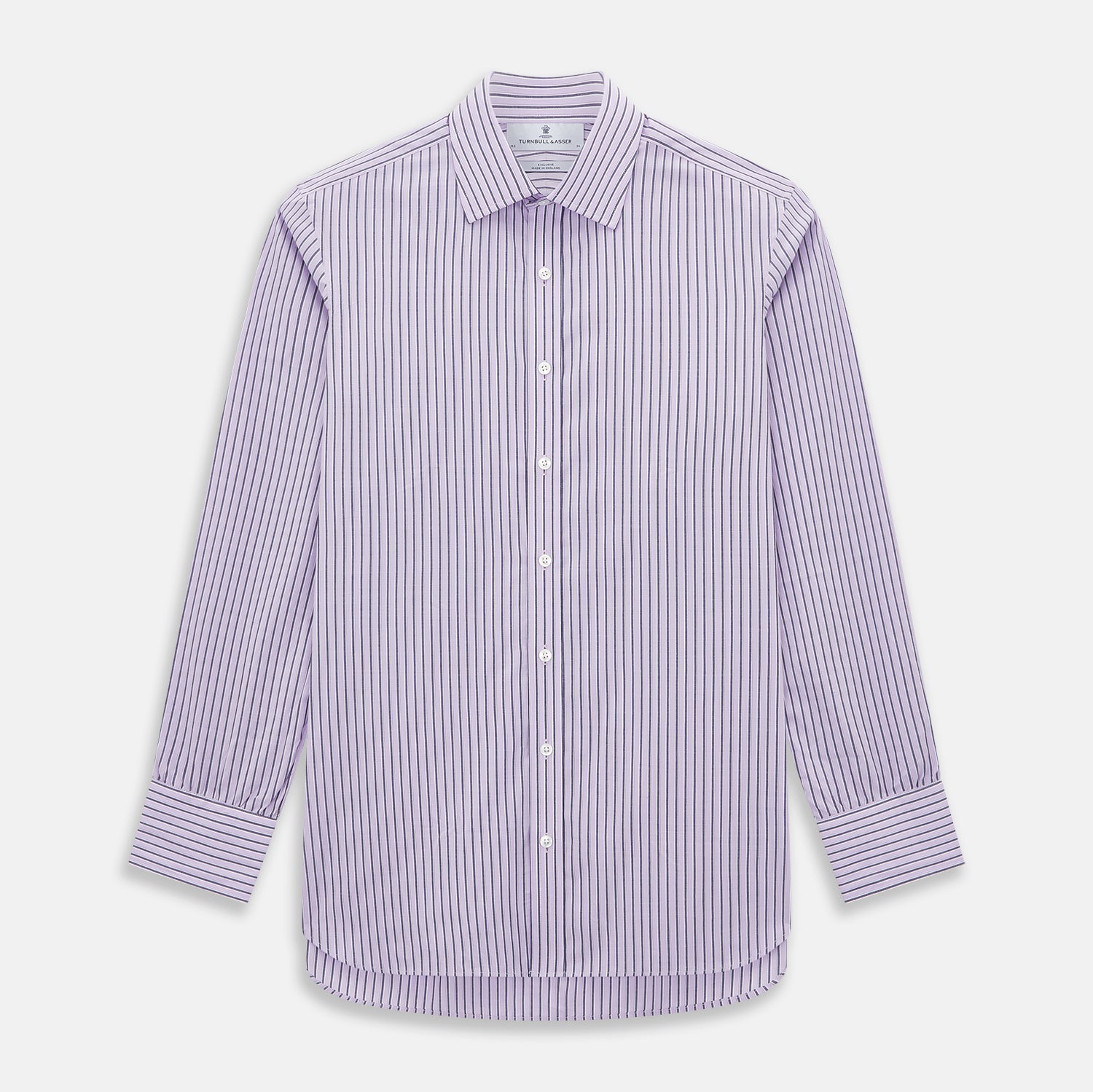 View 1 of product The Turnbull & Asser Lilac Ticking Stripe Mayfair Shirt in Italian cotton features long sleeves, a classic collar and cuffs, and is shown on a white background.