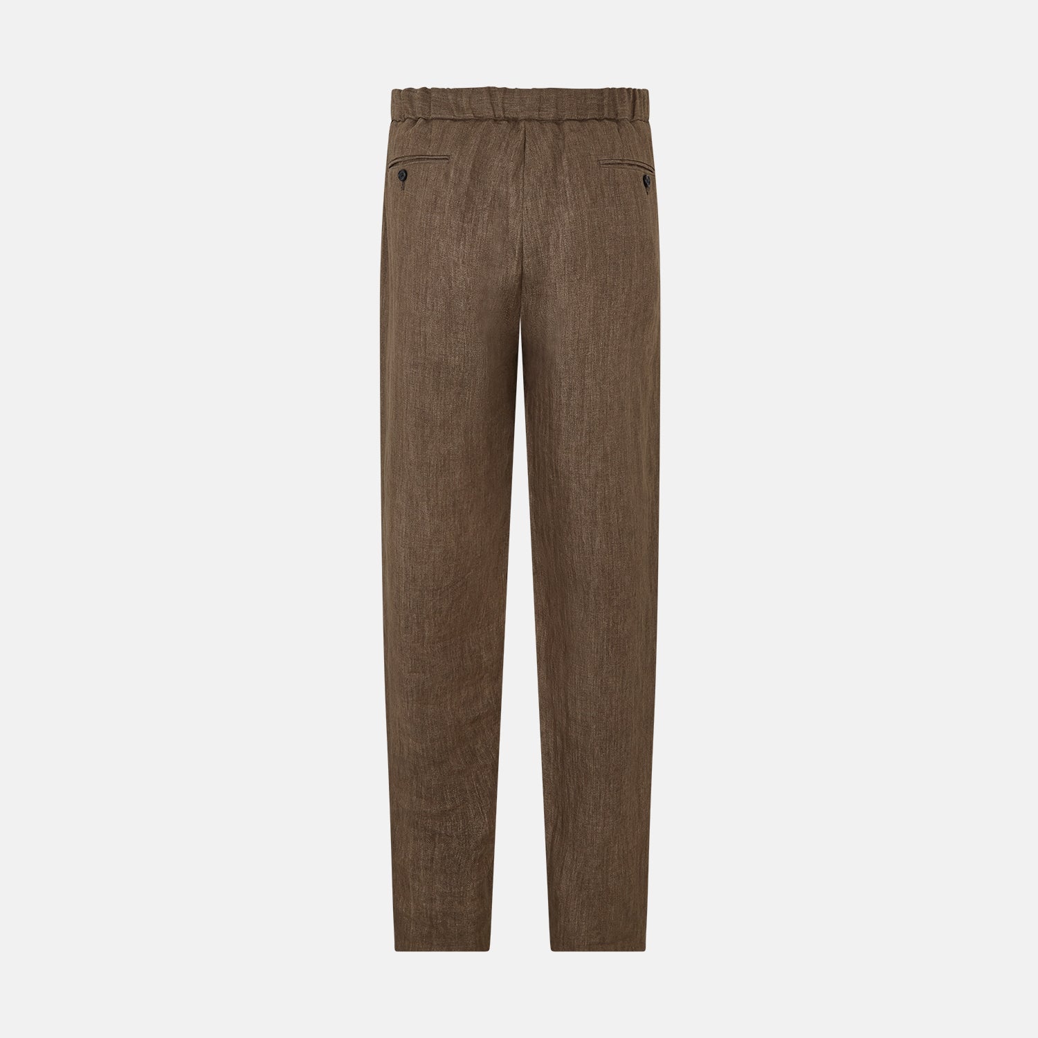 View 3 of product The Turnbull & Asser Pine Cone Linen Herringbone Miles Trousers feature a relaxed fit, elasticated waistband, and drawstring tie, shown against a plain white background.