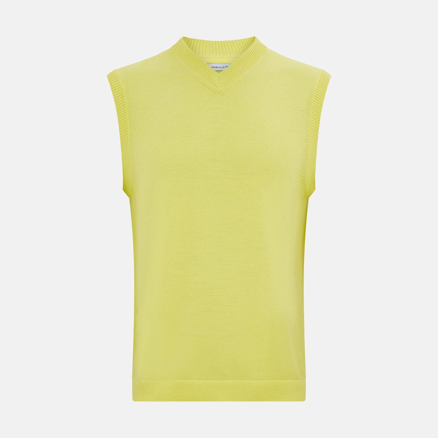 View 1 of product The Bright Yellow Fine Merino V-Neck Vest by Turnbull & Asser is a sleeveless jumper with ribbed edges, shown on a white background—ideal for the refined gentleman who values classic style.