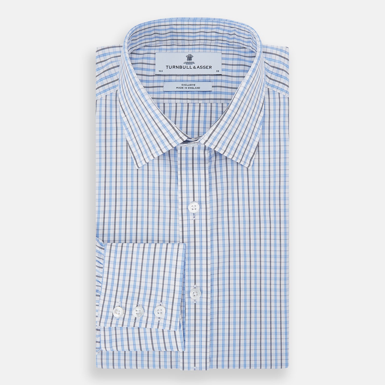 View 5 of product The Turnbull & Asser Navy and Blue Multi Check Mayfair Shirt features a crisp blue and navy check pattern, T&A collar, long sleeves, and a tailored Mayfair fit.