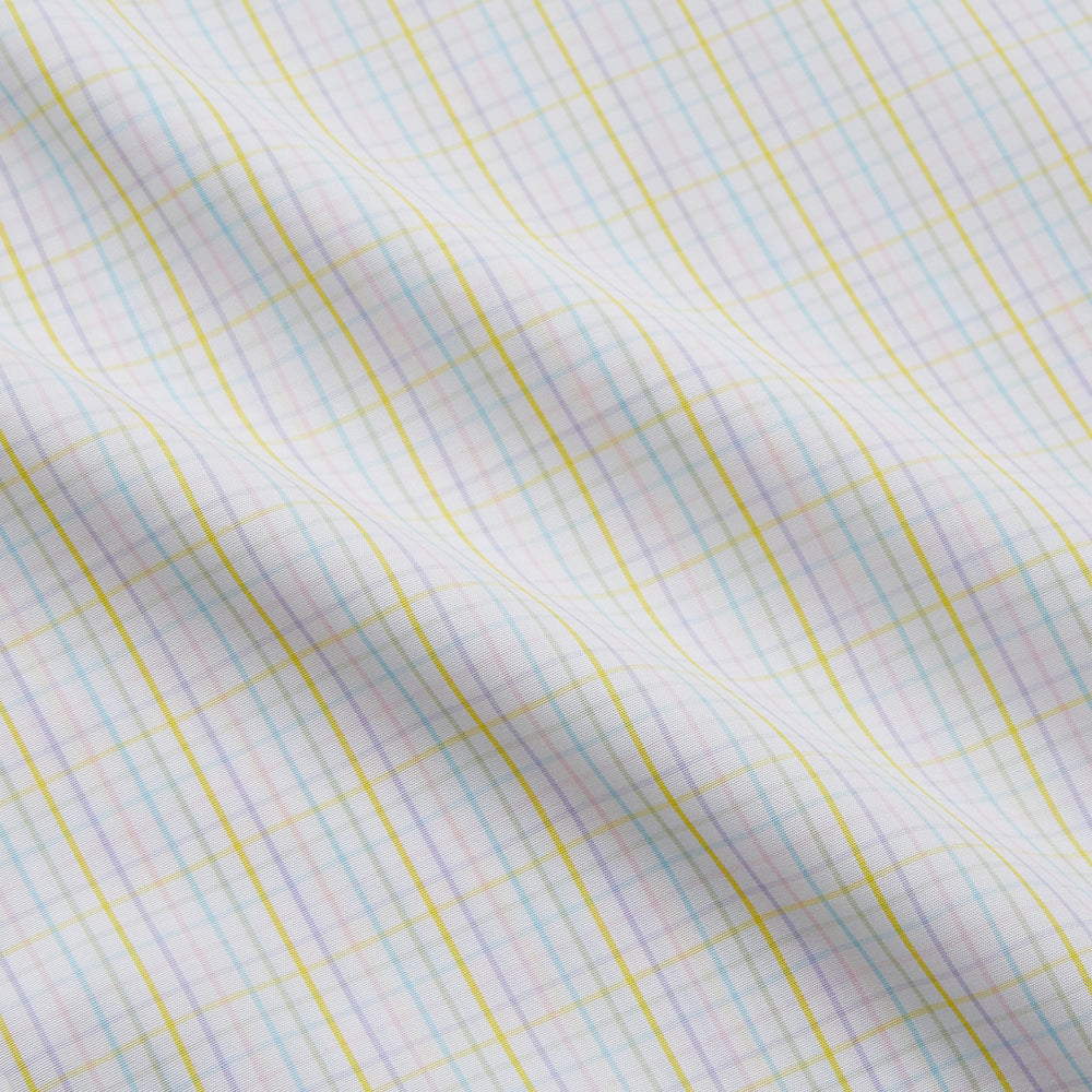 The Turnbull & Asser Yellow Multi Check Cotton Regular Fit Mayfair Shirt features a long-sleeved, button-up design with yellow and blue plaid, pointed collar, and buttoned cuffs, laid flat on a white background.