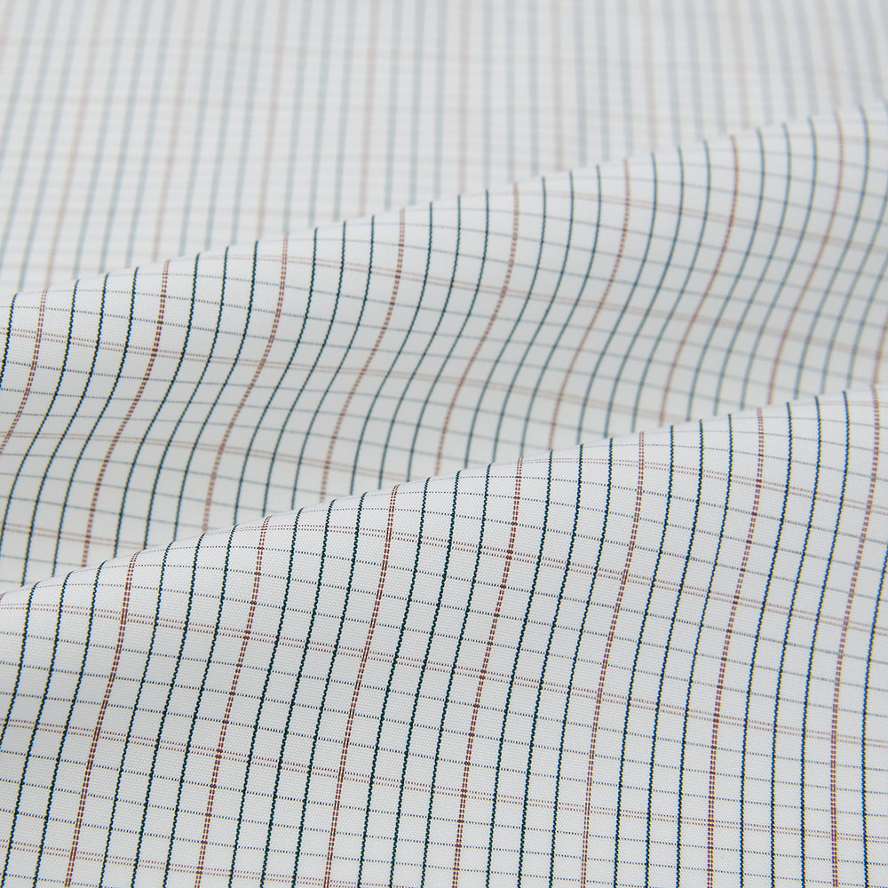 Turnbull & Asser's Forest Melange and Red Micro Check Windsor Shirt features a subtle check pattern, pointed collar, and white buttons—showcasing refined British craftsmanship.