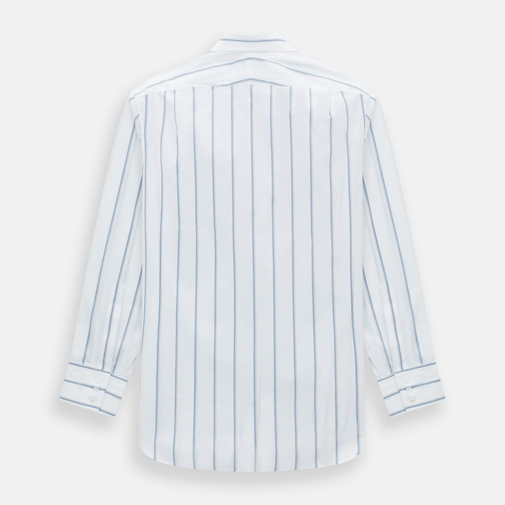 The Turnbull & Asser Steel Grey Track Stripe Mayfair Shirt is a long-sleeve Italian cotton shirt with vertical stripes, a button-down front, and classic collar, shown laid flat on a white background.