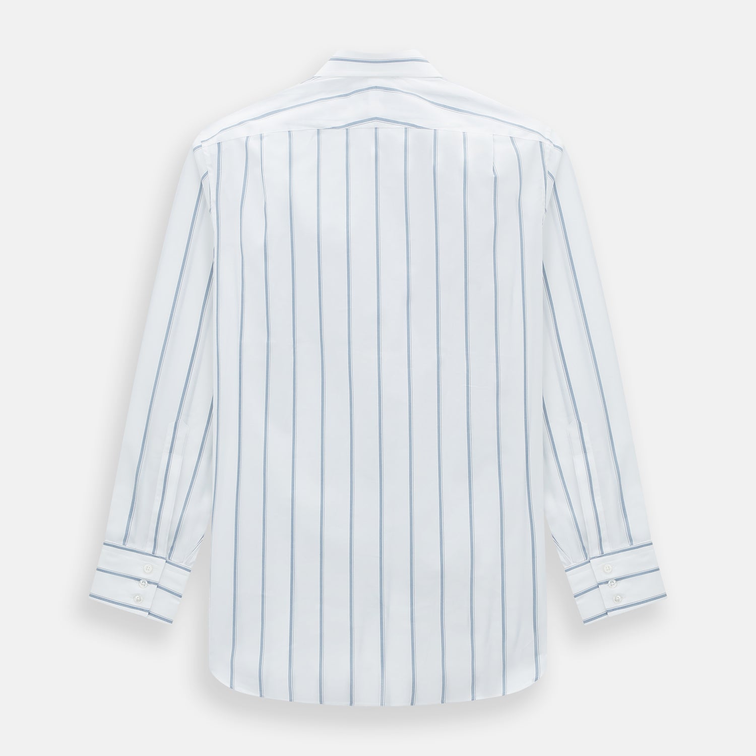 View 3 of product The Turnbull & Asser Steel Grey Track Stripe Mayfair Shirt is a long-sleeve Italian cotton shirt with vertical stripes, a button-down front, and classic collar, shown laid flat on a white background.