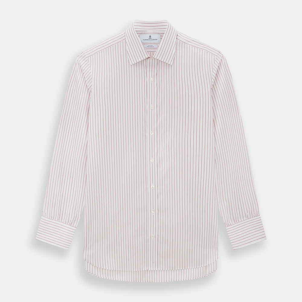 The Red Multi Ticking Stripe Mayfair Shirt by Turnbull & Asser features thin red and blue vertical stripes on white, a T&A collar, long sleeves, and button-up design.