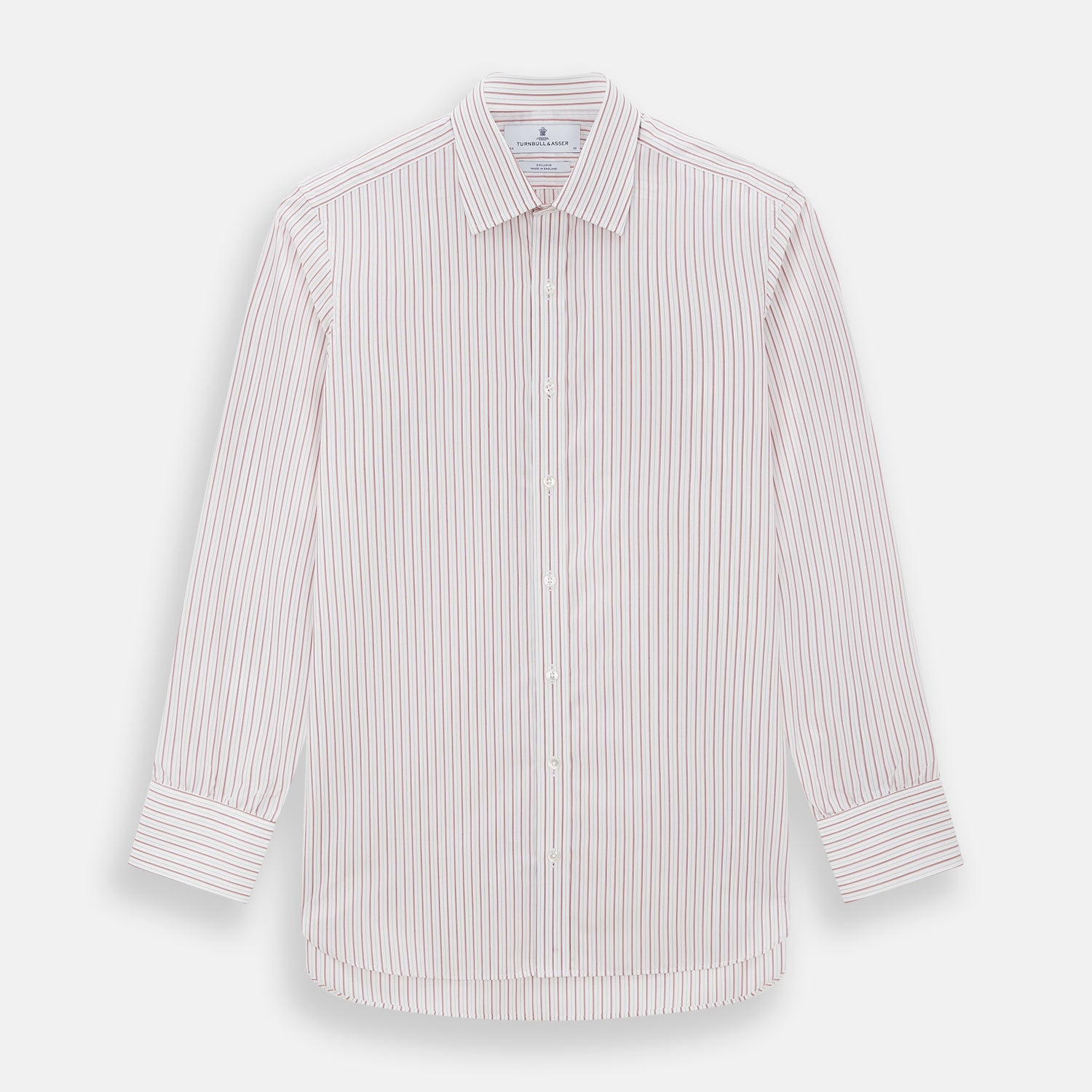 View 1 of product The Red Multi Ticking Stripe Mayfair Shirt by Turnbull & Asser features thin red and blue vertical stripes on white, a T&A collar, long sleeves, and button-up design.
