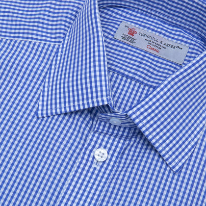 Mid-Blue Gingham Check Shirt with T&A Collar and 3-Button Cuffs Image 1