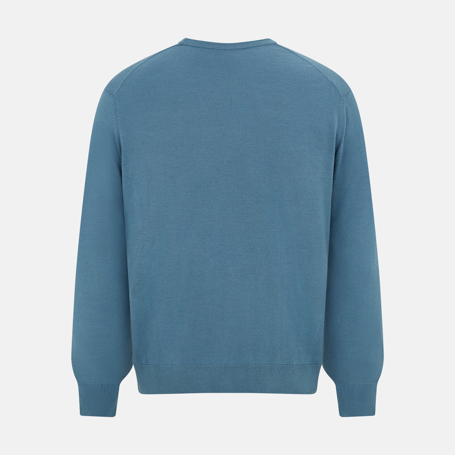 View 3 of product The Turnbull & Asser Pale Blue Fine Merino V-Neck Cardigan features long sleeves and five black buttons, showcased on a plain white background.