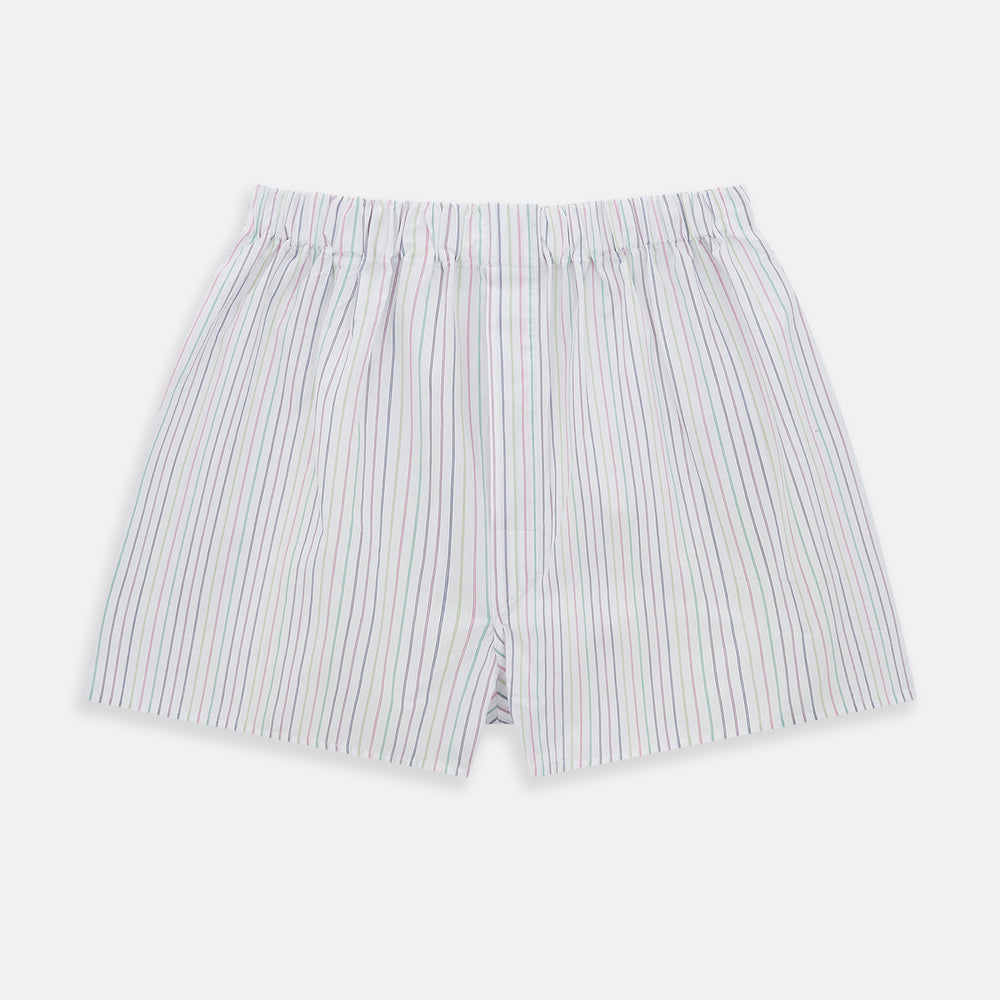 Turnbull & Asser's Rainbow Stripe Godfrey Boxer Shorts are luxury men's underwear made from Italian cotton, featuring a loose fit, elastic waistband, and blue, red, and green vertical stripes on white.