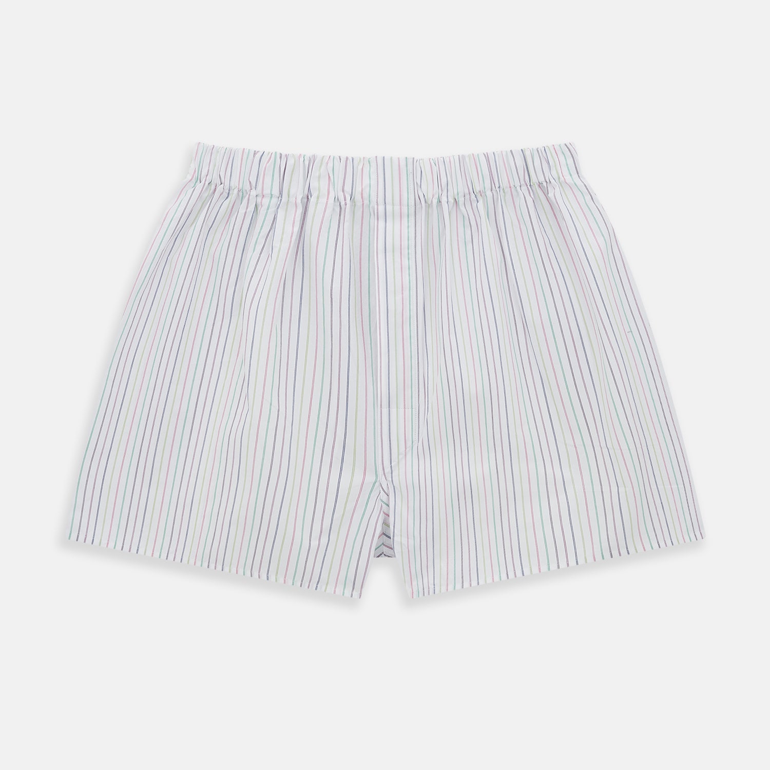 View 1 of product Turnbull & Asser's Rainbow Stripe Godfrey Boxer Shorts are luxury men's underwear made from Italian cotton, featuring a loose fit, elastic waistband, and blue, red, and green vertical stripes on white.
