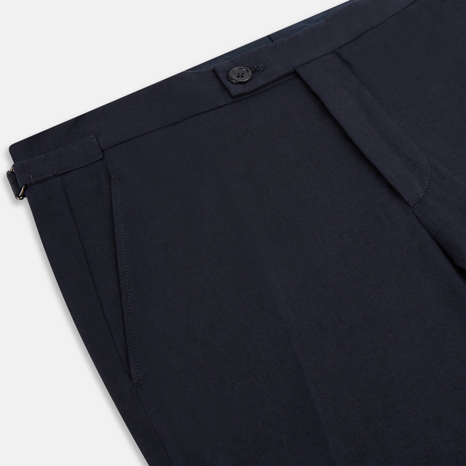View 2 of product A pair of tailored, straight-leg Navy Linen Blend Henry Trousers by Turnbull & Asser with button and zip closure, displayed against a plain white background.