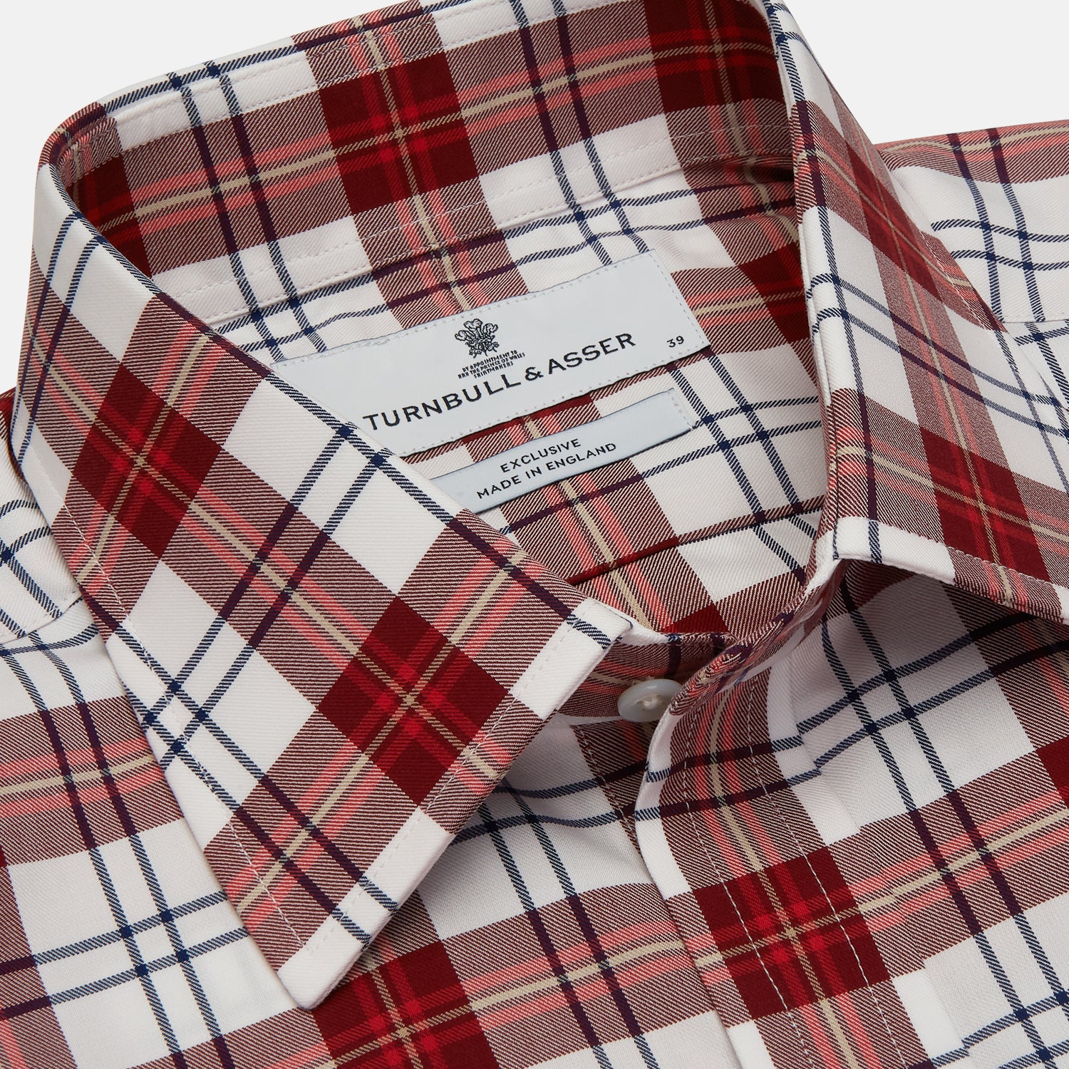View 4 of product The Turnbull & Asser Red Check Shirt, featuring a T&A collar and 3-button cuffs, is displayed laid flat on a white background.
