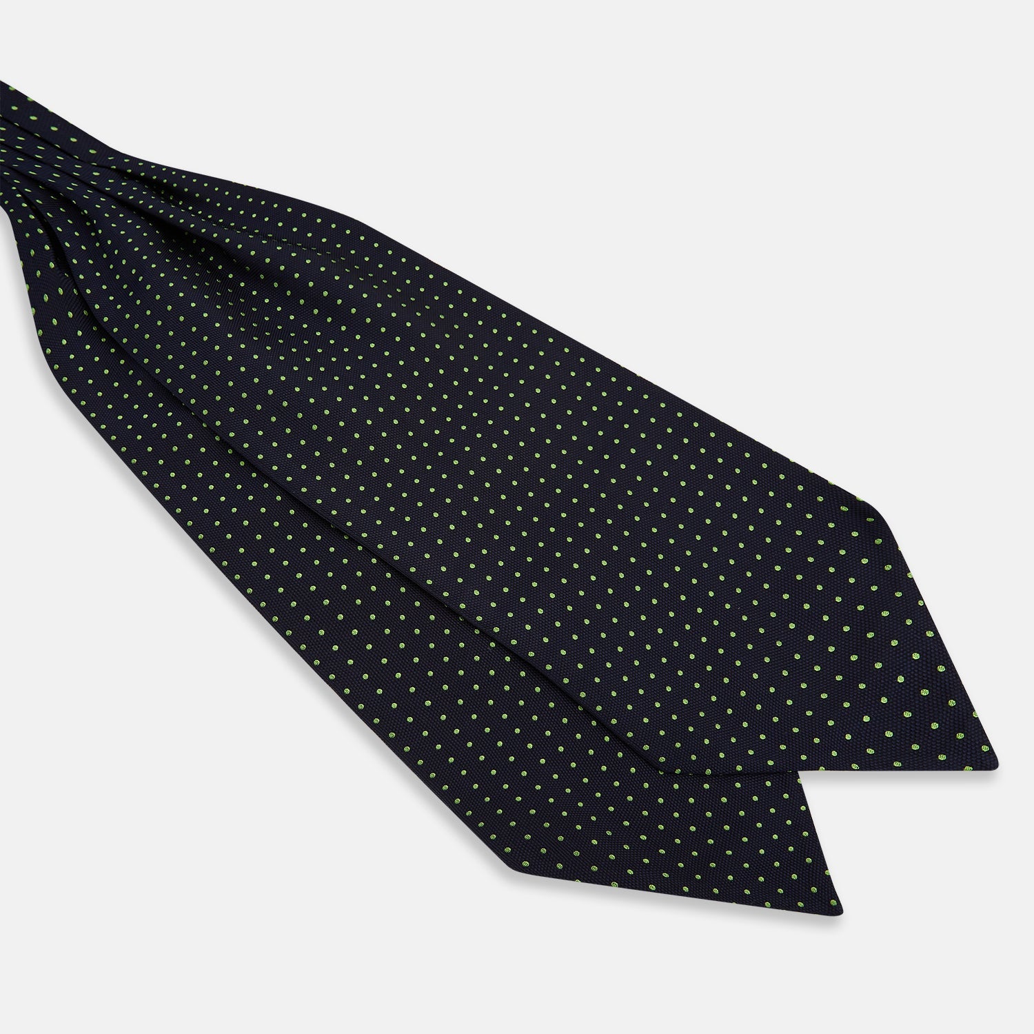 View 3 of product The Green Micro Dot and Navy Silk Cravat by Turnbull & Asser features fine green micro dots on navy silk, adding a refined touch to formalwear. Pair it with a matching pocket square for a cohesive, polished look.