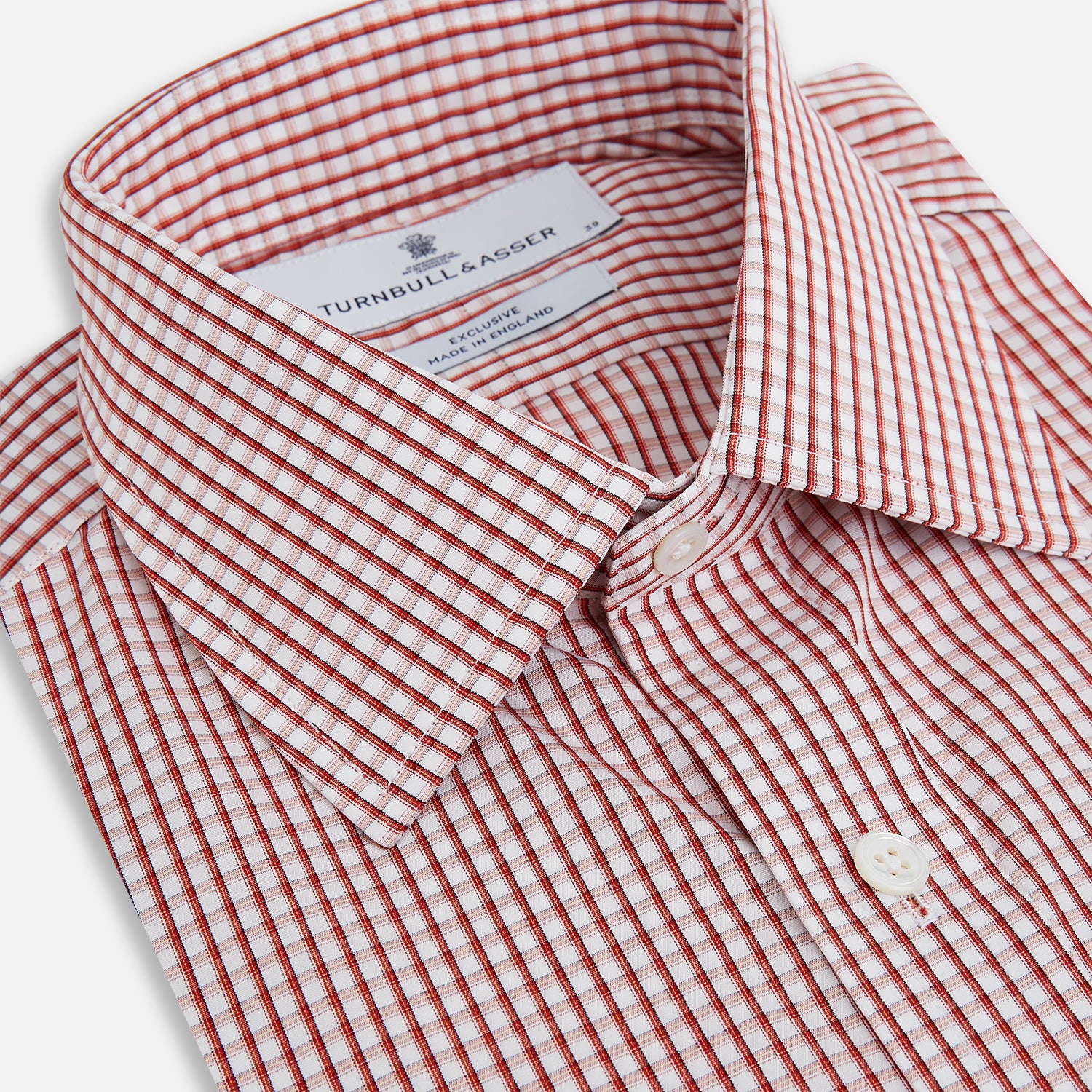 View 2 of product The Turnbull & Asser Red Micro Shadow Check Mayfair Shirt, made from premium Italian cotton with a classic collar and buttoned cuffs, is shown on a plain white background.