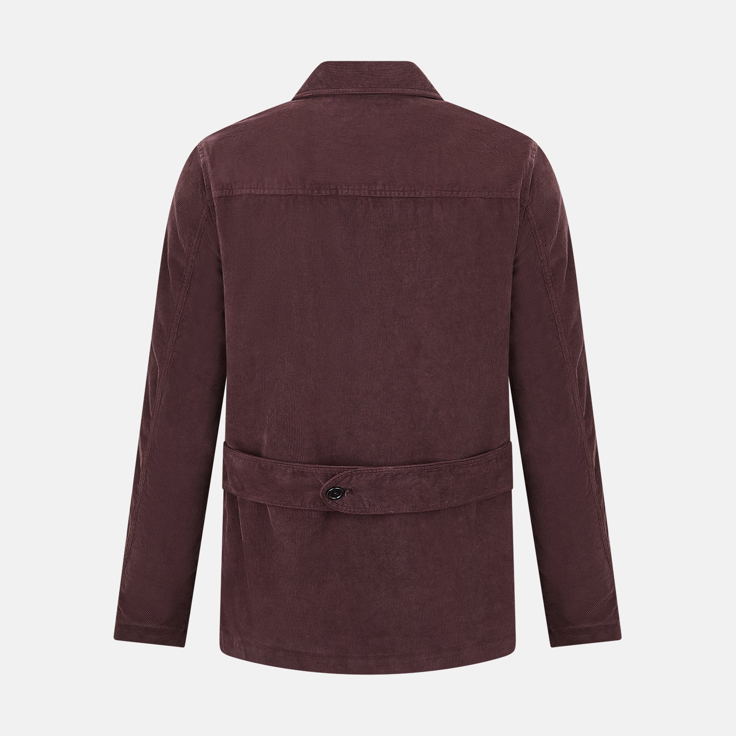 View 3 of product The Burgundy Kingston Corduroy Caban Jacket by Turnbull & Asser features black buttons, a notched collar, and front pockets. Crafted from premium cotton, it is shown on a plain white background.