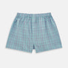 View 1 of product The Pale Blue And Green Multi Check Godfrey Boxer Shorts by Turnbull & Asser feature Italian cotton, an elastic waistband, and a grid of multicolored checks. These luxury men's boxers are shown laid flat on a white background.