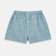 The Pale Blue And Green Multi Check Godfrey Boxer Shorts by Turnbull & Asser feature Italian cotton, an elastic waistband, and a grid of multicolored checks. These luxury men's boxers are shown laid flat on a white background.