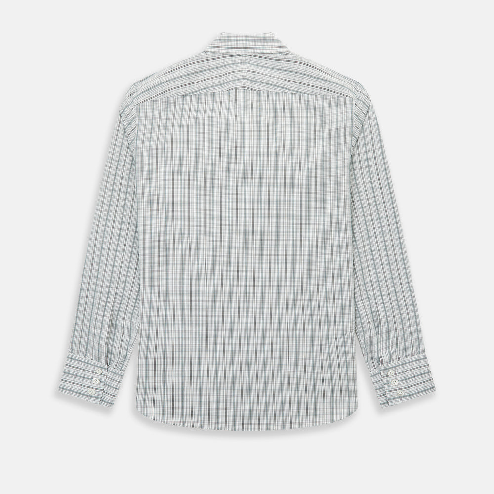 The Turnbull & Asser Forest Green Multi Check Westminster Shirt is a tailored, long-sleeved, button-up shirt with a collar and a white base featuring light blue and green plaid, displayed flat on a white background.