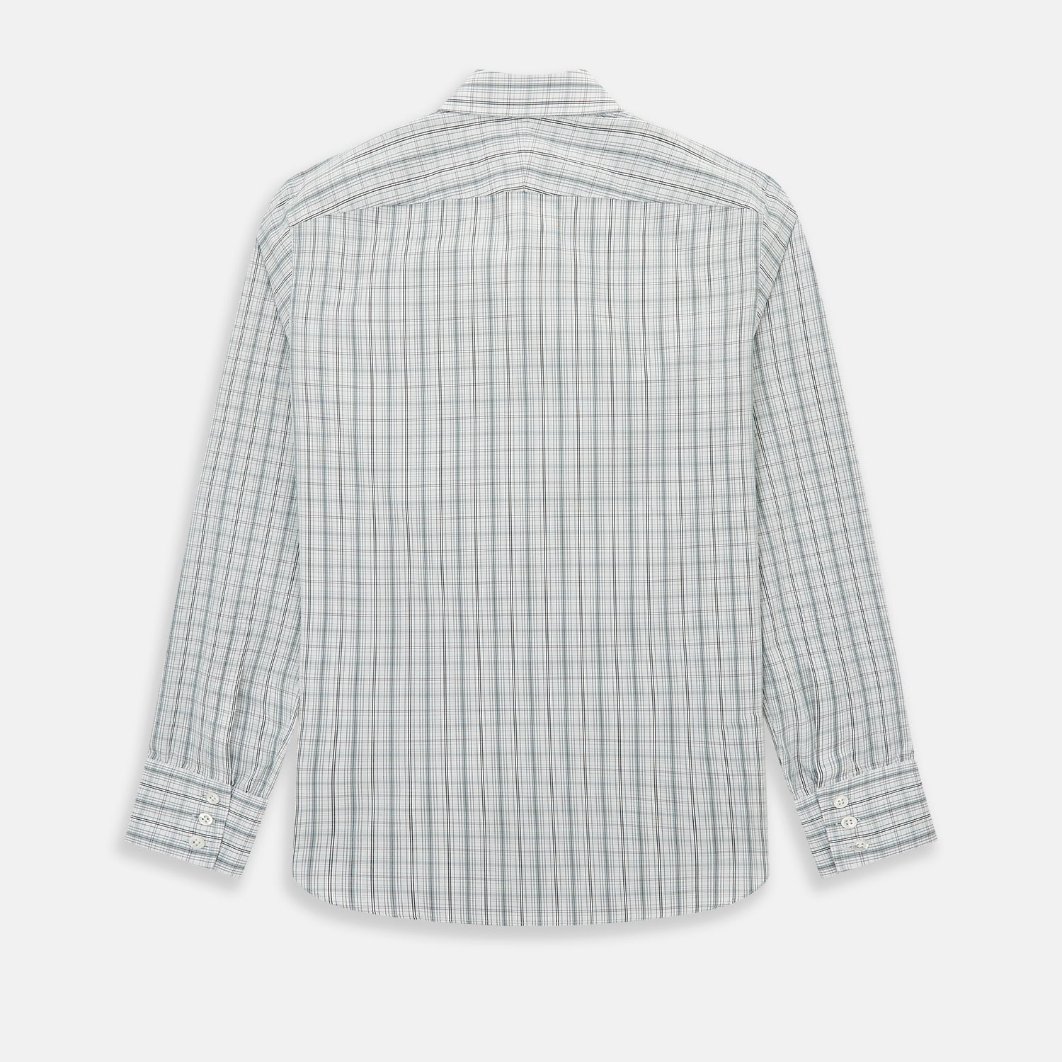 View 3 of product The Turnbull & Asser Forest Green Multi Check Westminster Shirt is a tailored, long-sleeved, button-up shirt with a collar and a white base featuring light blue and green plaid, displayed flat on a white background.
