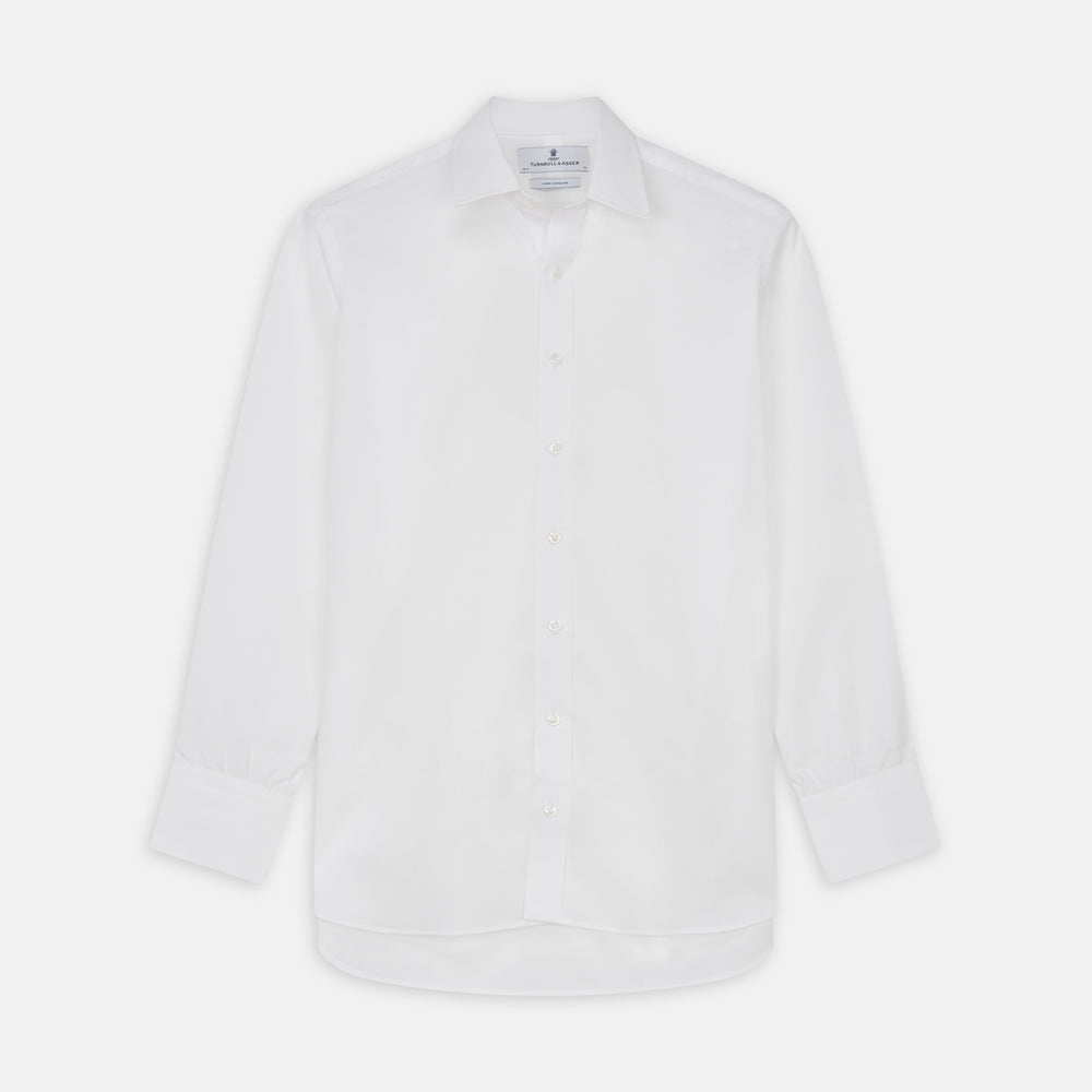 The Turnbull & Asser White Cotton Voile Regular Fit Mayfair Shirt features long sleeves, a pointed collar, button-down front, and buttoned cuffs, displayed flat against a plain white background.