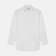 The Turnbull & Asser White Cotton Voile Regular Fit Mayfair Shirt features long sleeves, a pointed collar, button-down front, and buttoned cuffs, displayed flat against a plain white background.