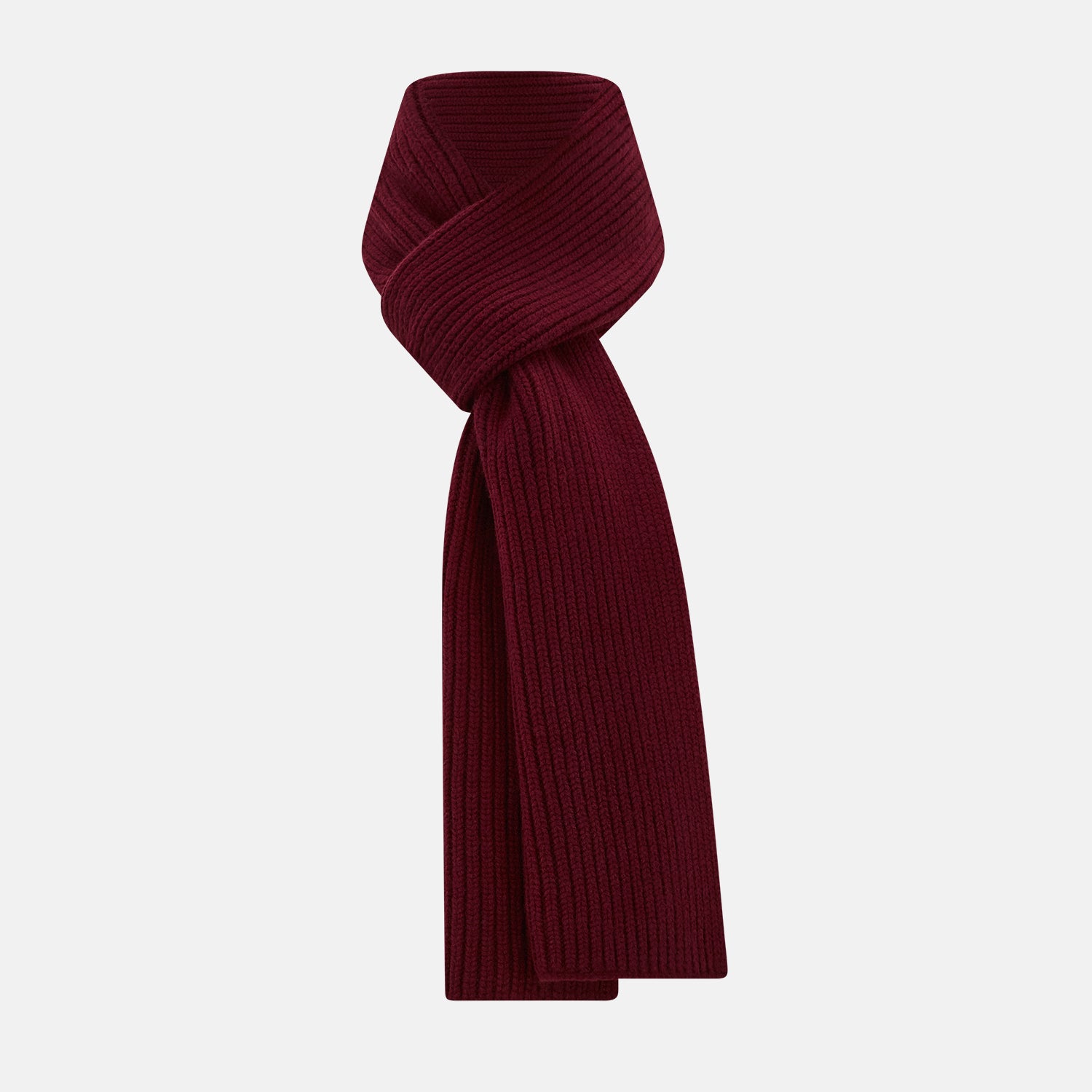 View 1 of product The Burgundy Rib-Knit Cashmere Scarf by Turnbull & Asser is crossed at the center and set against a plain light gray background—an elegant, luxurious winter accessory.
