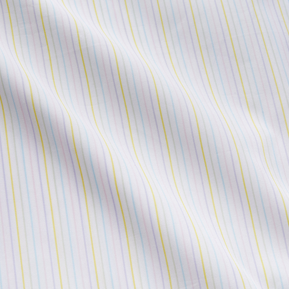 The Yellow Multi Stripe Cotton Quin Pyjama Set by Turnbull & Asser features a striped button-up top with chest pocket and drawstring pants—luxury sleepwear crafted from soft cotton, displayed on a white background.