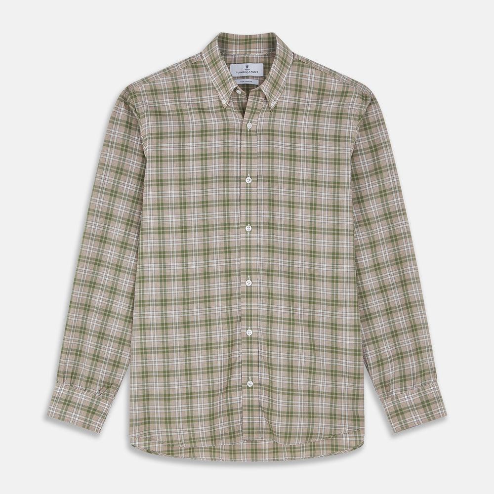 The Turnbull & Asser Green and Oatmeal Multi Check Cotton Weekend Fit Hayne Shirt features a button-down collar and green, beige, and white plaid pattern, shown flat against a white background.