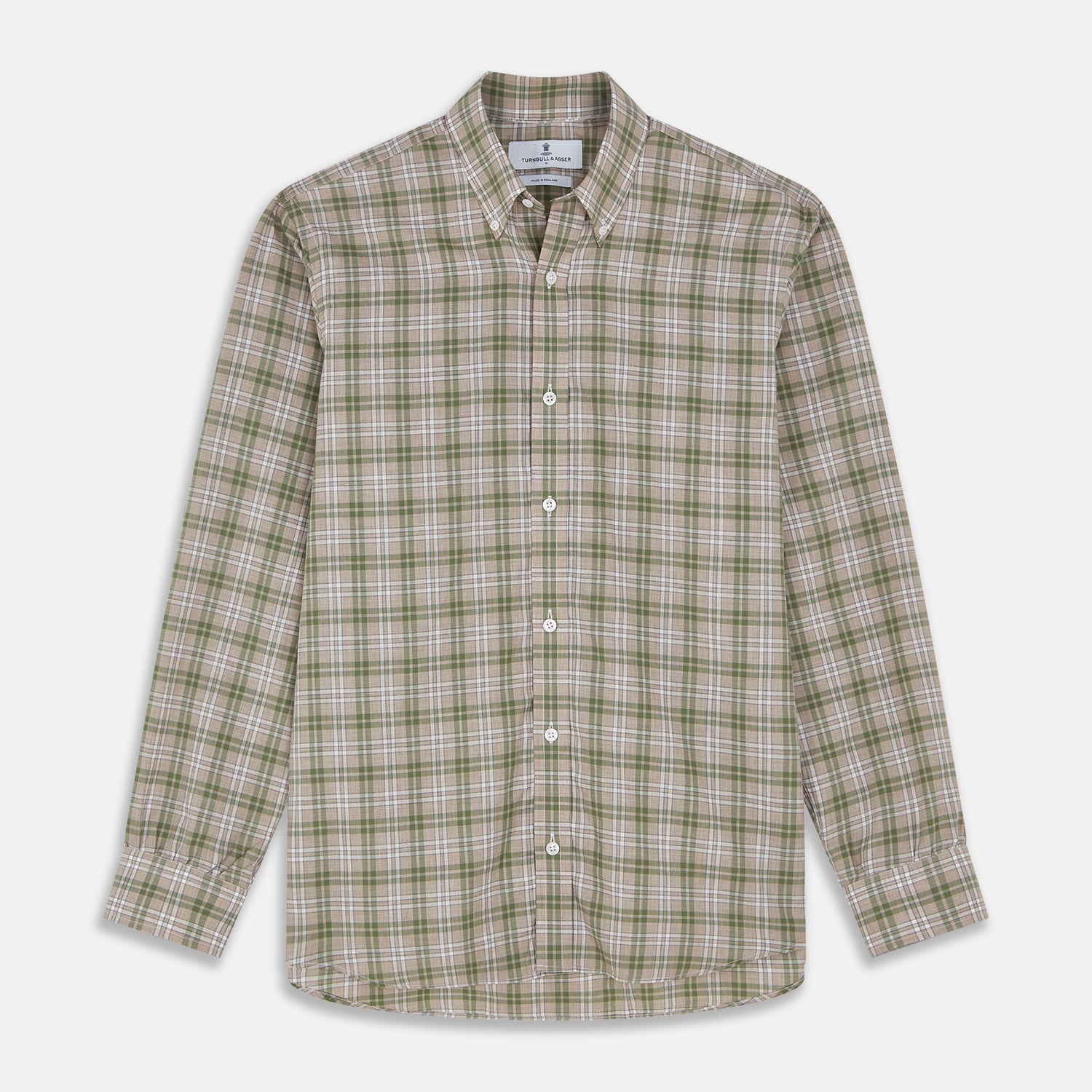 View 1 of product The Turnbull & Asser Green and Oatmeal Multi Check Cotton Weekend Fit Hayne Shirt features a button-down collar and green, beige, and white plaid pattern, shown flat against a white background.