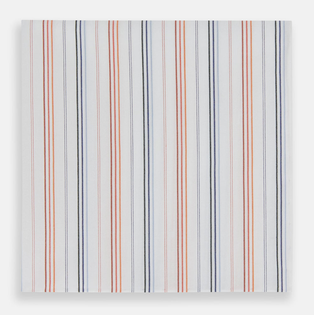 The Turnbull & Asser Hand Rolled Orange and Blue Multi Stripe Handkerchief adds bold color and classic style to any pocket square collection.