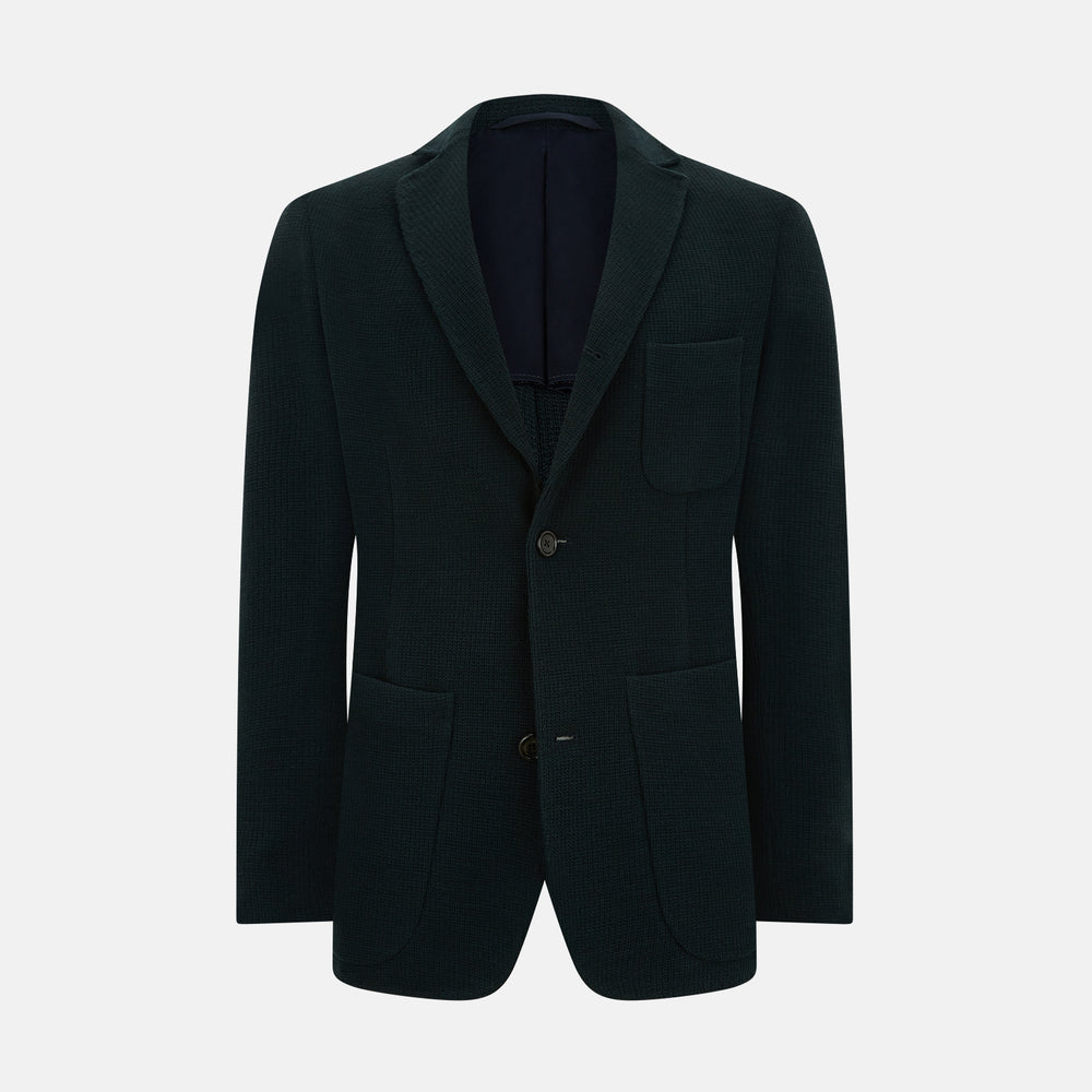 The Forest Green KNITTED CAMBRIDGE BLAZER by Turnbull & Asser, crafted from textured Italian wool with notch lapels, patch and chest pockets, and two buttons, is shown against a plain white background.