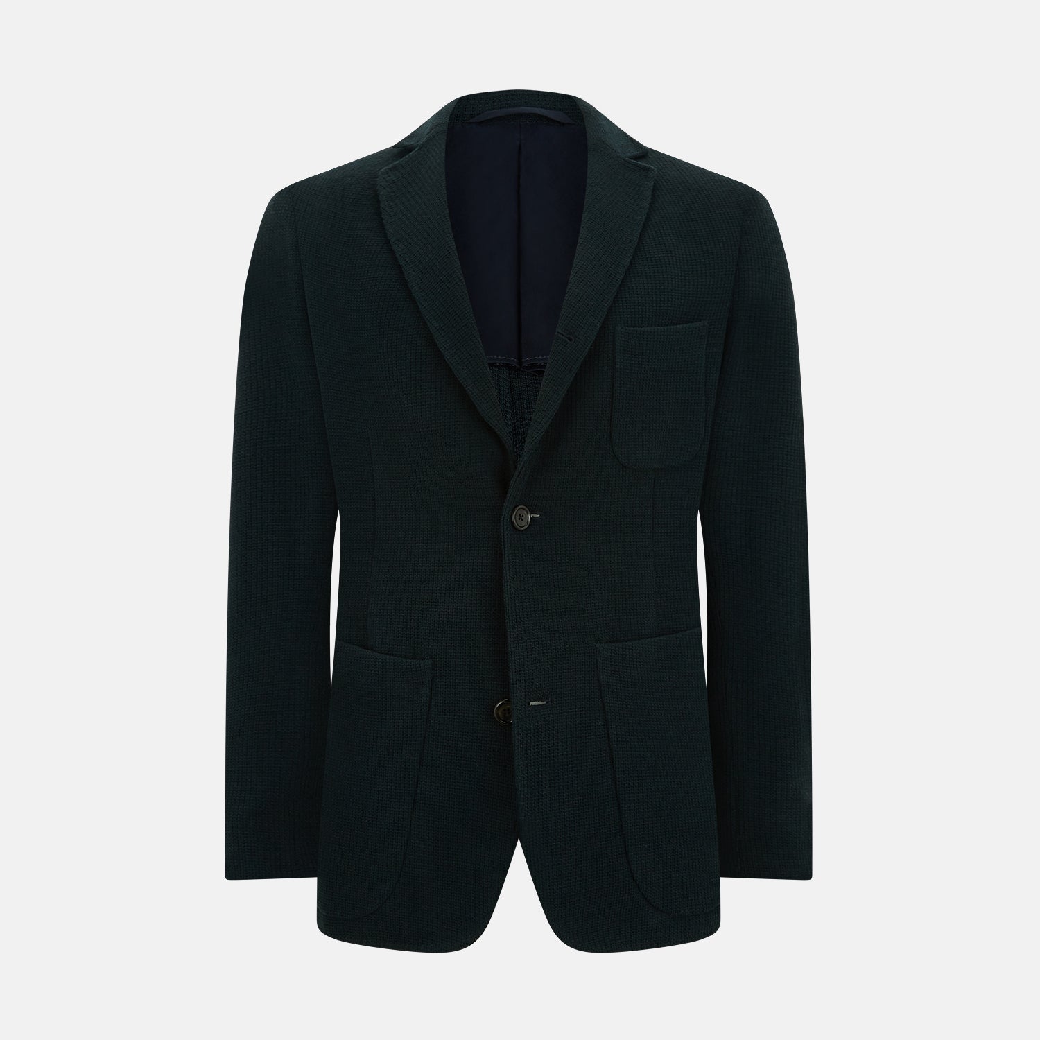 View 1 of product The Forest Green KNITTED CAMBRIDGE BLAZER by Turnbull & Asser, crafted from textured Italian wool with notch lapels, patch and chest pockets, and two buttons, is shown against a plain white background.