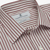View 4 of product The Turnbull & Asser Burgundy Stripe Weekend Fit Shirt features a Derby collar, 1-button cuffs, and vertical burgundy and white stripes, shown laid flat on a plain light background.