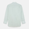 View 5 of product The Turnbull & Asser Light Green Chambray Regular Fit Mayfair Shirt for men features long sleeves, a collar, white buttons, and buttoned cuffs, displayed flat on a white background.