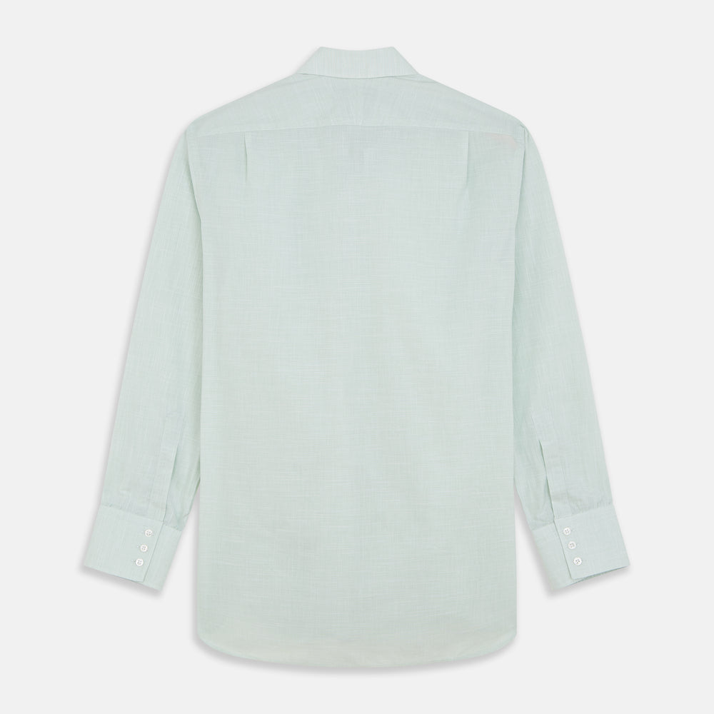 The Turnbull & Asser Light Green Chambray Regular Fit Mayfair Shirt for men features long sleeves, a collar, white buttons, and buttoned cuffs, displayed flat on a white background.