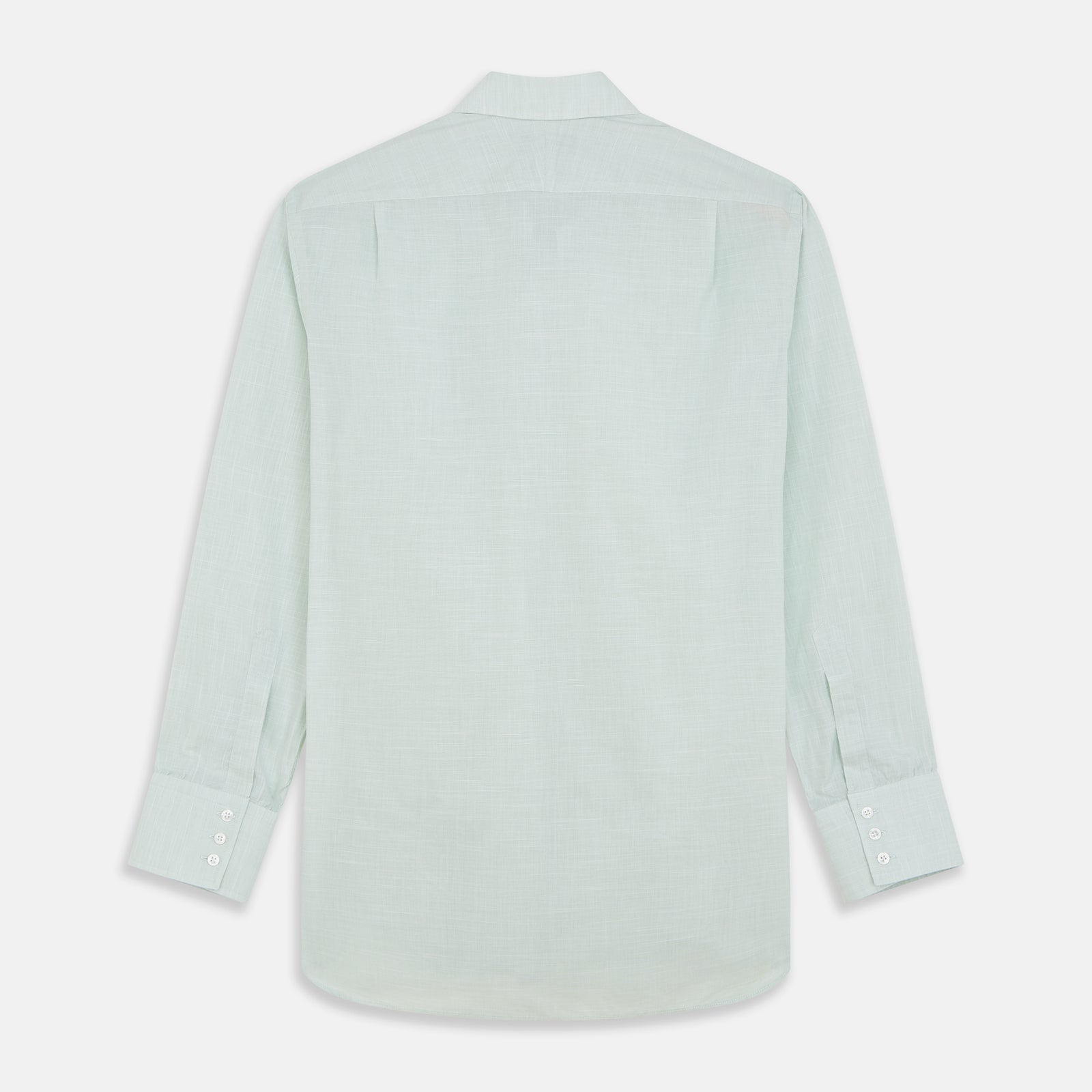 View 5 of product The Turnbull & Asser Light Green Chambray Regular Fit Mayfair Shirt for men features long sleeves, a collar, white buttons, and buttoned cuffs, displayed flat on a white background.