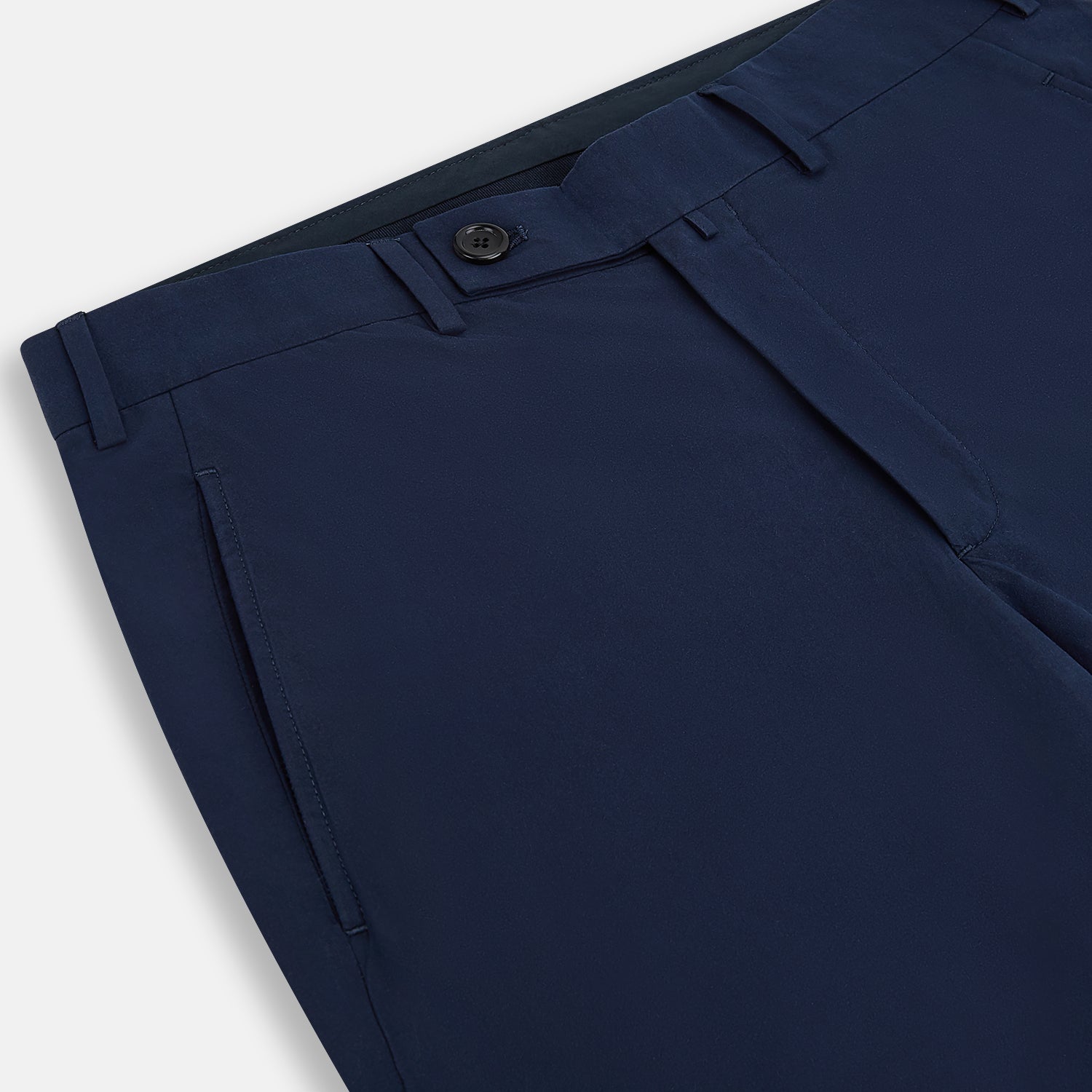 View 2 of product Turnbull & Asser Navy Winston Trousers in high-twist cotton, featuring a straight-leg cut, button and zipper closure, belt loops, and side pockets, displayed on a plain white background.
