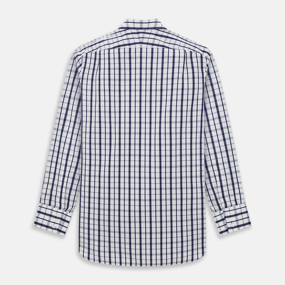 The Turnbull & Asser Navy Plaid Check Mayfair Shirt is crafted from pure cotton in white and navy checks, featuring a pointed collar and buttoned cuffs—perfect for formal looks.