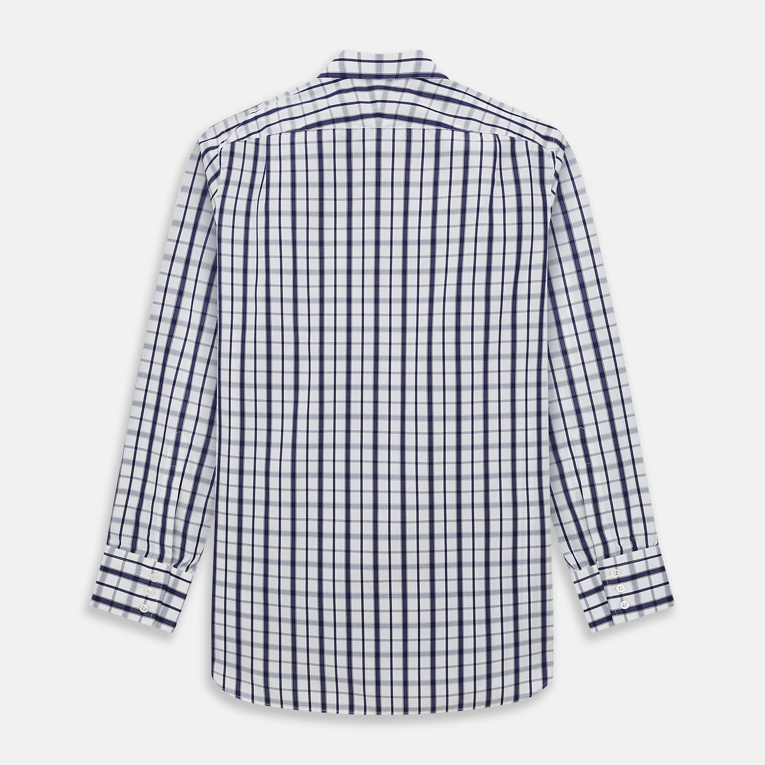 View 3 of product The Turnbull & Asser Navy Plaid Check Mayfair Shirt is crafted from pure cotton in white and navy checks, featuring a pointed collar and buttoned cuffs—perfect for formal looks.