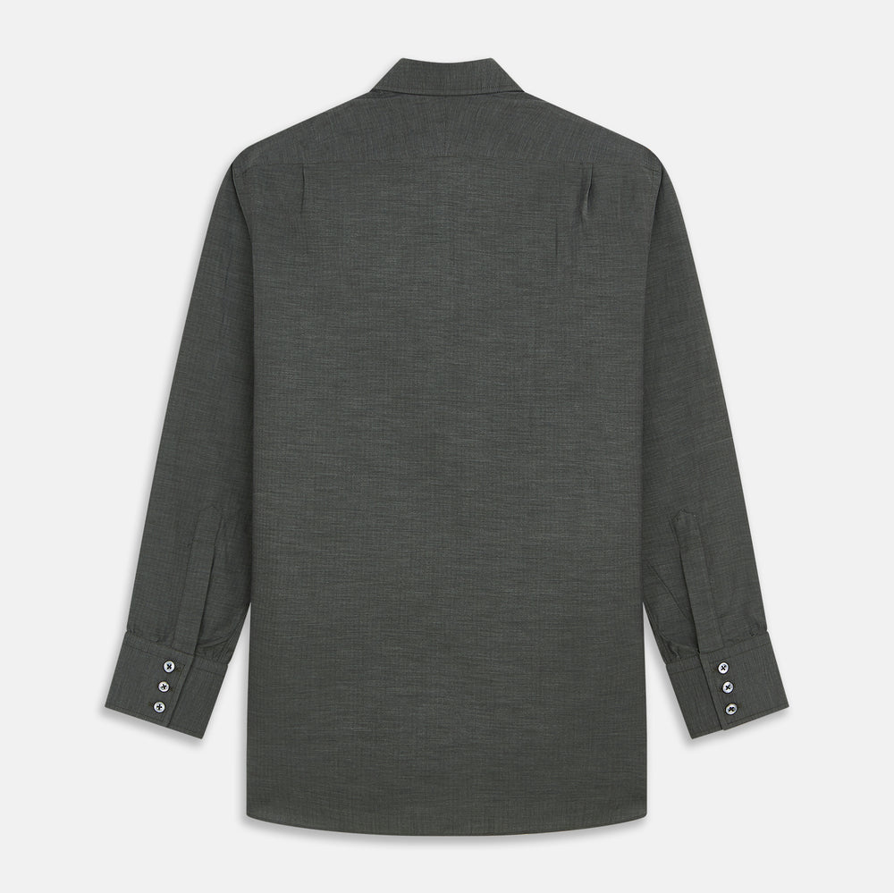 The Turnbull & Asser Dark Green Cotton Melange Regular Fit Mayfair Shirt features long sleeves, a T&A collar, buttoned cuffs, and a slightly rounded hem, shown laid flat on a white background.