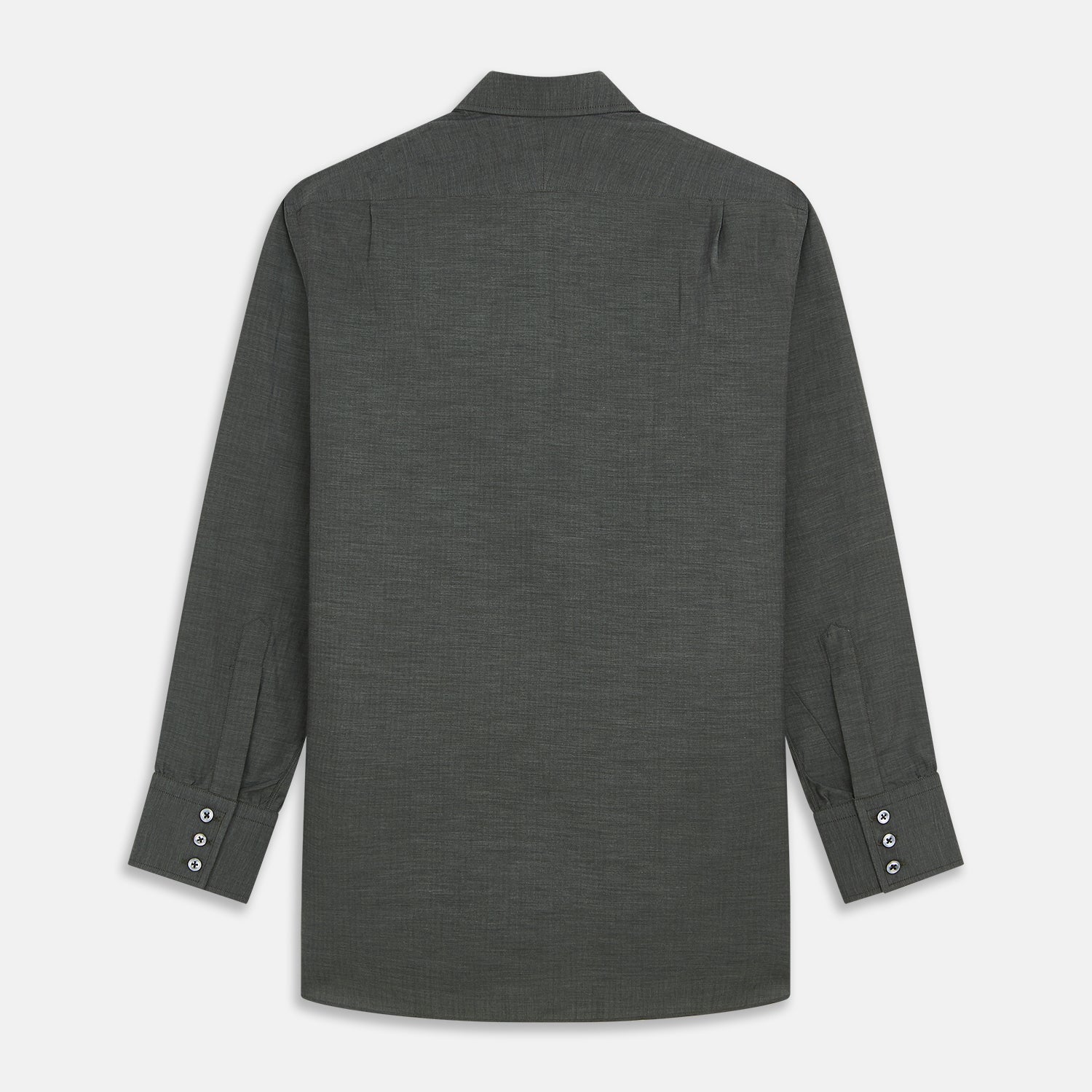 View 5 of product The Turnbull & Asser Dark Green Cotton Melange Regular Fit Mayfair Shirt features long sleeves, a T&A collar, buttoned cuffs, and a slightly rounded hem, shown laid flat on a white background.