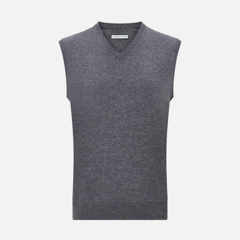 The Turnbull & Asser Slate Grey Melange V-neck Cashmere Vest is a plain, sleeveless jumper shown against a white background.