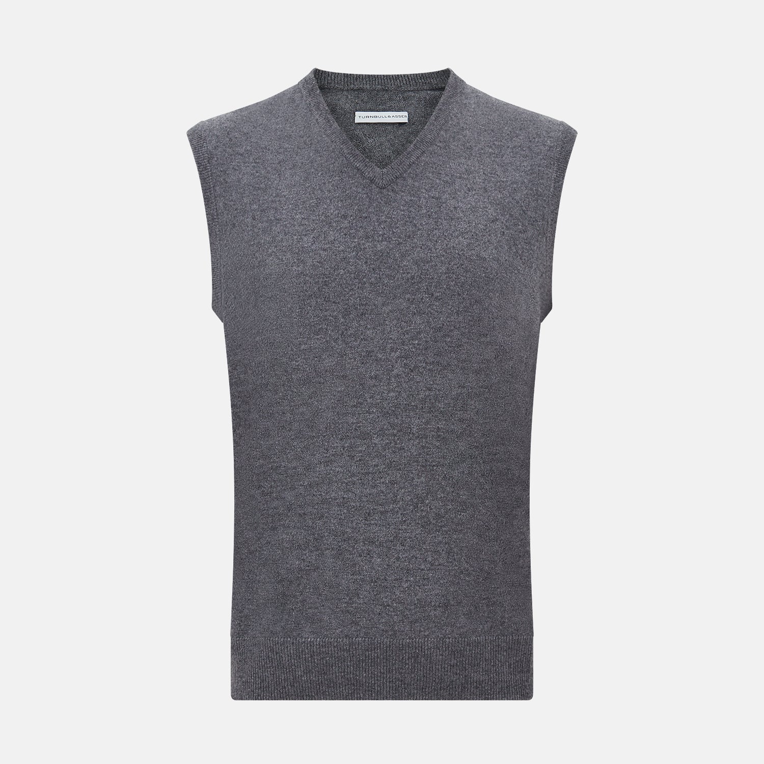 View 1 of product The Turnbull & Asser Slate Grey Melange V-neck Cashmere Vest is a plain, sleeveless jumper shown against a white background.