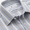 View 2 of product The Turnbull & Asser Sand Multi Stripe Regular Fit Shirt features a T&A collar, 3 button cuffs, and vertical blue, white, and light brown stripes. The shirt is shown neatly laid flat on a white background.