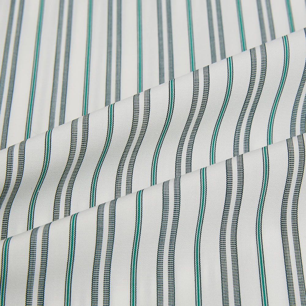 The Forest Green Multi Stripe Mayfair Shirt by Turnbull & Asser features forest green and white vertical stripes, a collar and cuffs, and is crafted from Italian cotton, shown laid flat on a white background.