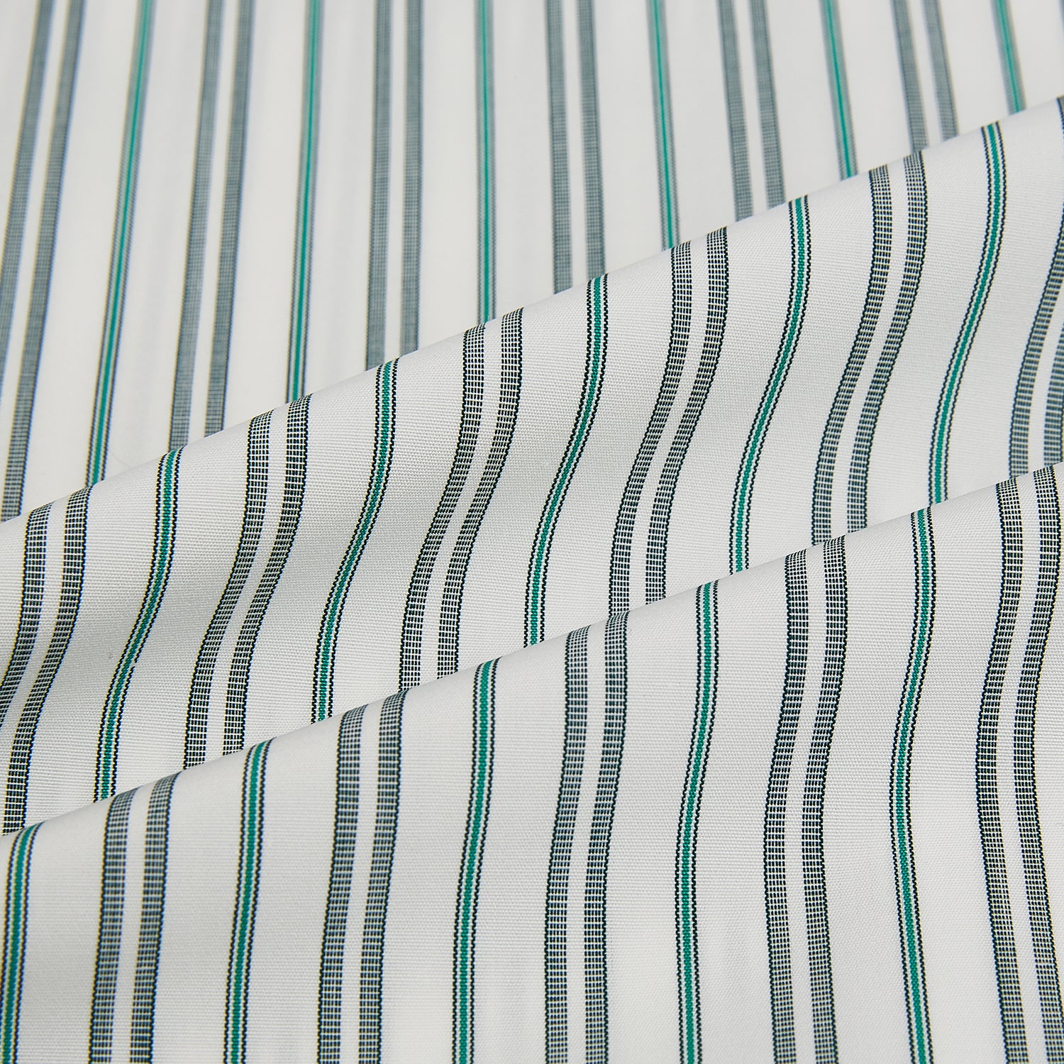 View 6 of product The Forest Green Multi Stripe Mayfair Shirt by Turnbull & Asser features forest green and white vertical stripes, a collar and cuffs, and is crafted from Italian cotton, shown laid flat on a white background.