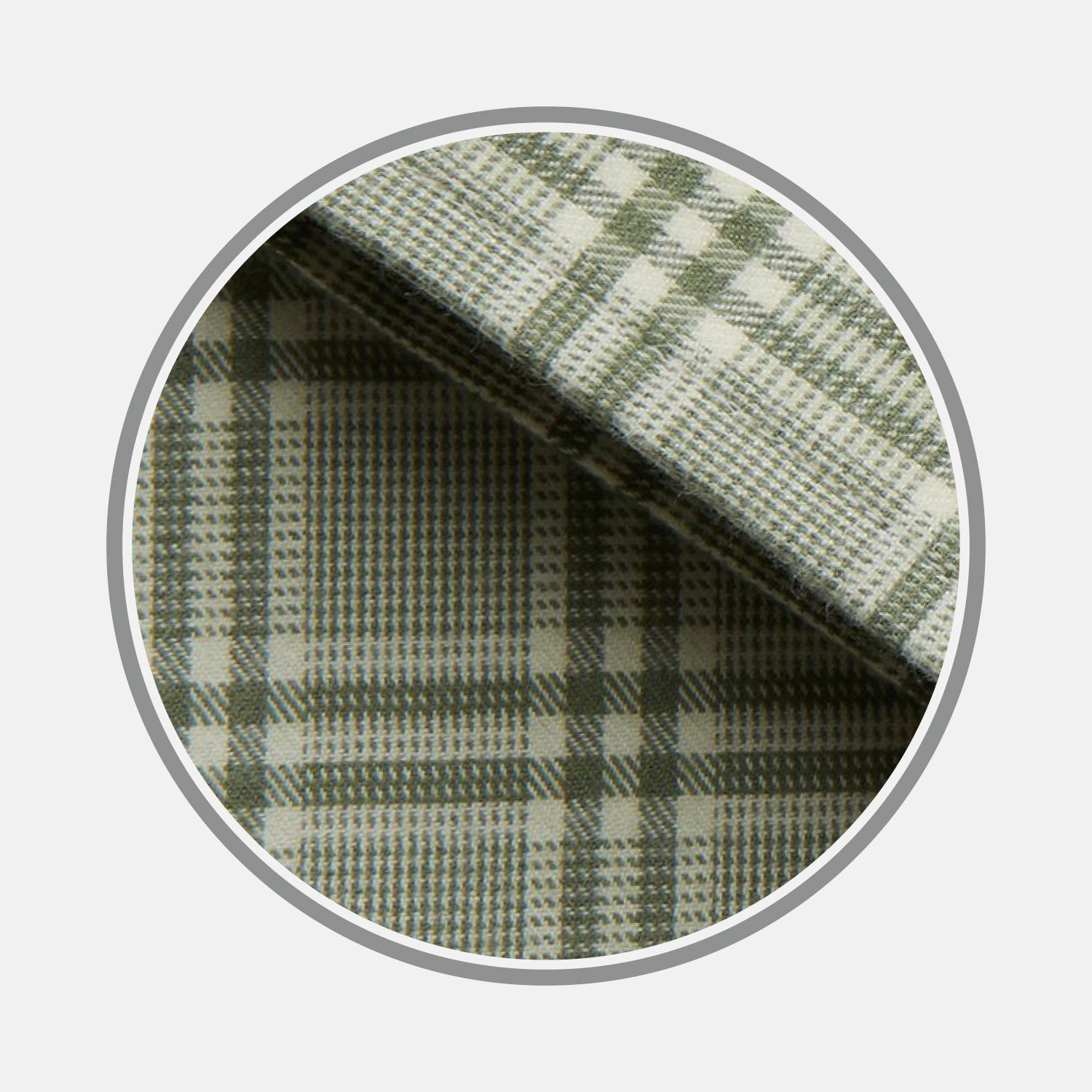 View 1 of product Close-up of Turnbull & Asser's Green Check Cotton Fabric with intersecting green and white lines and squares, displayed within a circular frame against a light gray background.