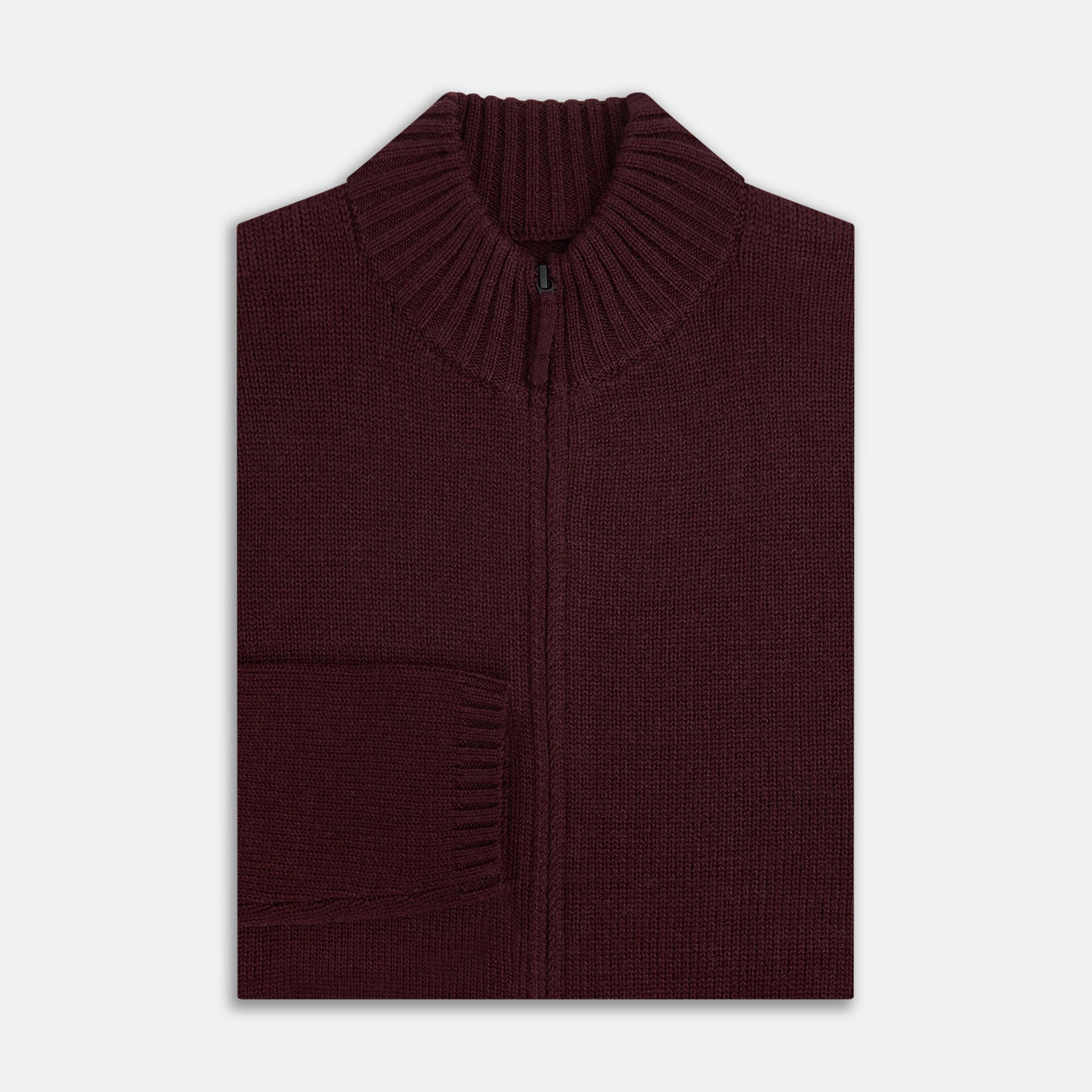View 4 of product The Turnbull & Asser Burgundy Merino High Neck Zipped Cardigan features long sleeves, a zip-up front, and ribbed collar, cuffs, and hem, crafted from soft merino knitwear and shown on a white background.