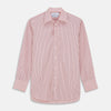 View 1 of product The Turnbull & Asser Orange and White Stripe Cotton Regular Fit Mayfair Shirt features vertical stripes, a classic collar, and buttoned cuffs—an essential men’s wardrobe piece, shown laid flat on a white background.
